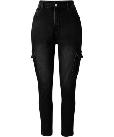 Sports Jeans Women's Solid Casual Tight Cargo Pants Multi-Pocket Zipper Mid Waist Skinny Denim Trousers Black $14.30 Jeans