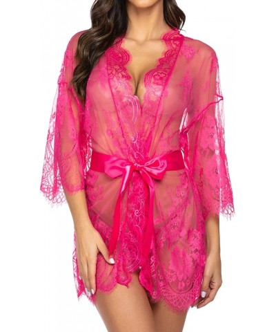 Women's Lace Kimono Robe Babydoll Lingerie Mesh Nightgown S-5XL Rose Red $11.13 Lingerie