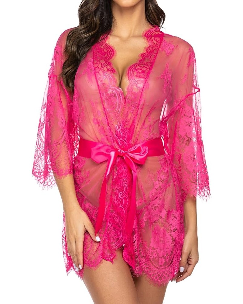 Women's Lace Kimono Robe Babydoll Lingerie Mesh Nightgown S-5XL Rose Red $11.13 Lingerie