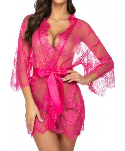 Women's Lace Kimono Robe Babydoll Lingerie Mesh Nightgown S-5XL Rose Red $11.13 Lingerie