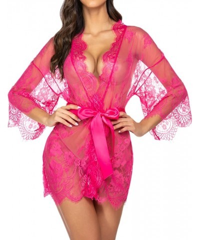 Women's Lace Kimono Robe Babydoll Lingerie Mesh Nightgown S-5XL Rose Red $11.13 Lingerie