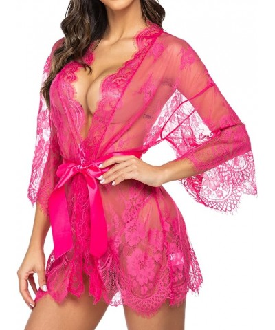 Women's Lace Kimono Robe Babydoll Lingerie Mesh Nightgown S-5XL Rose Red $11.13 Lingerie