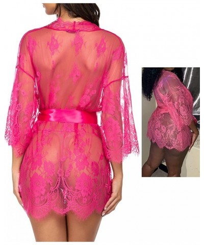 Women's Lace Kimono Robe Babydoll Lingerie Mesh Nightgown S-5XL Rose Red $11.13 Lingerie