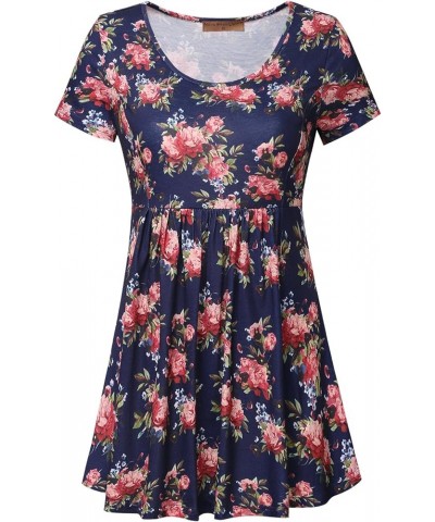 Women's Scoop Neck Short Sleeve Print Tunic Tops Empire Waist Peplum T Shirt Navy $10.79 Tops