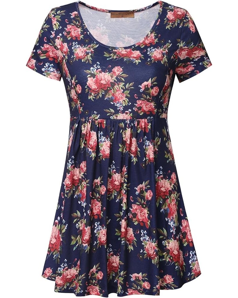 Women's Scoop Neck Short Sleeve Print Tunic Tops Empire Waist Peplum T Shirt Navy $10.79 Tops