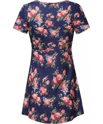 Women's Scoop Neck Short Sleeve Print Tunic Tops Empire Waist Peplum T Shirt Navy $10.79 Tops