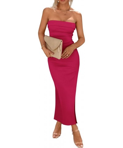 Women's Summer Bodycon Maxi Tube Dress Ribbed Strapless Side Slit Long Going Out Casual Elegant Party Dresses Rose Red $21.72...