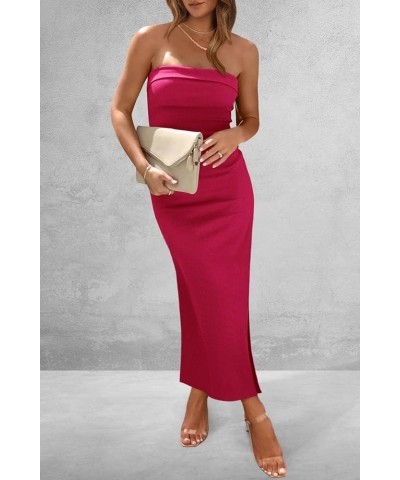 Women's Summer Bodycon Maxi Tube Dress Ribbed Strapless Side Slit Long Going Out Casual Elegant Party Dresses Rose Red $21.72...