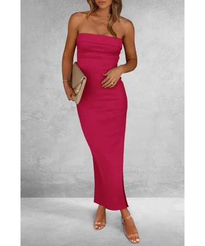 Women's Summer Bodycon Maxi Tube Dress Ribbed Strapless Side Slit Long Going Out Casual Elegant Party Dresses Rose Red $21.72...