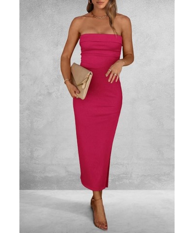 Women's Summer Bodycon Maxi Tube Dress Ribbed Strapless Side Slit Long Going Out Casual Elegant Party Dresses Rose Red $21.72...