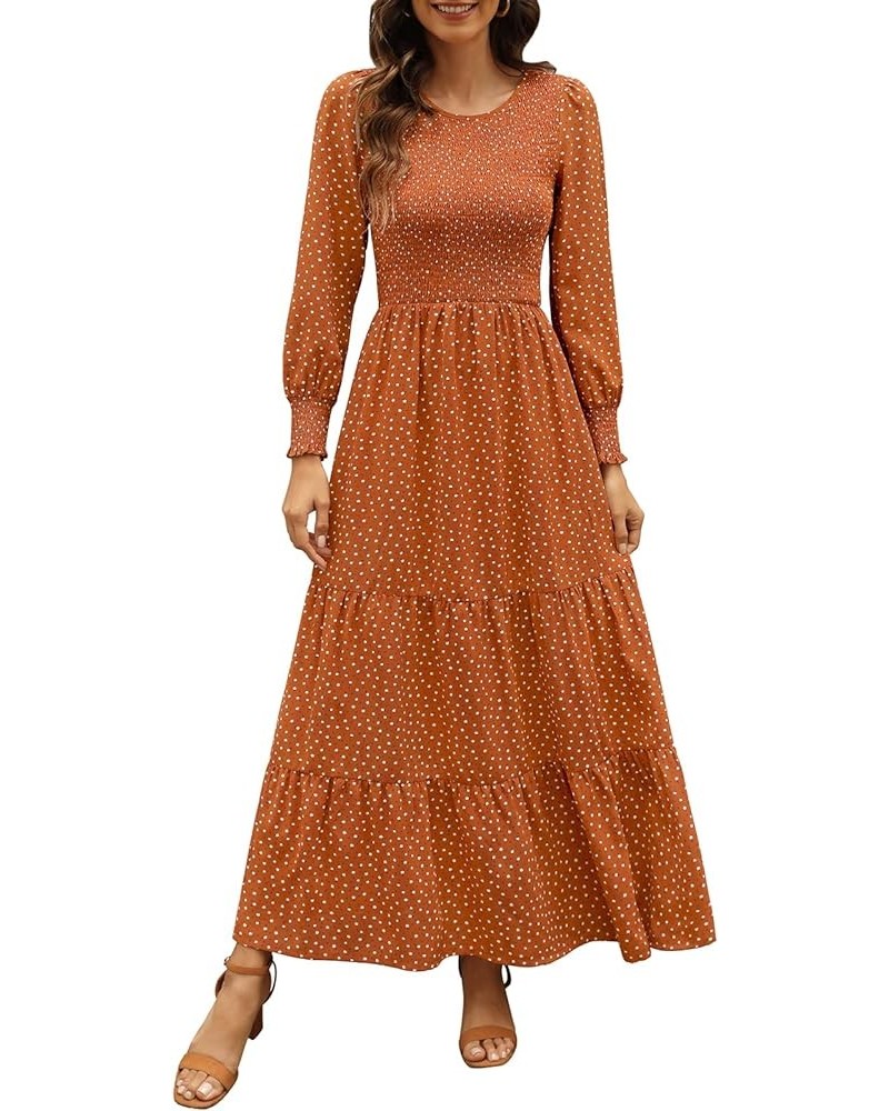 Women's Round Neck Long Puff Sleeve Smocked Ruffle Tiered Floral Maxi Dress Camel $13.34 Dresses