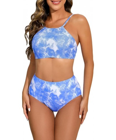 Women's Triangle Bikini Sets 2 Piece Swimsuits Halter Tie Up Bathing Suit Tie Dye Blue-1 $9.02 Swimsuits