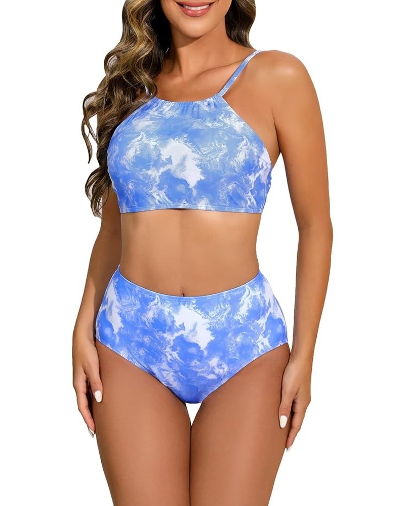 Women's Triangle Bikini Sets 2 Piece Swimsuits Halter Tie Up Bathing Suit Tie Dye Blue-1 $9.02 Swimsuits