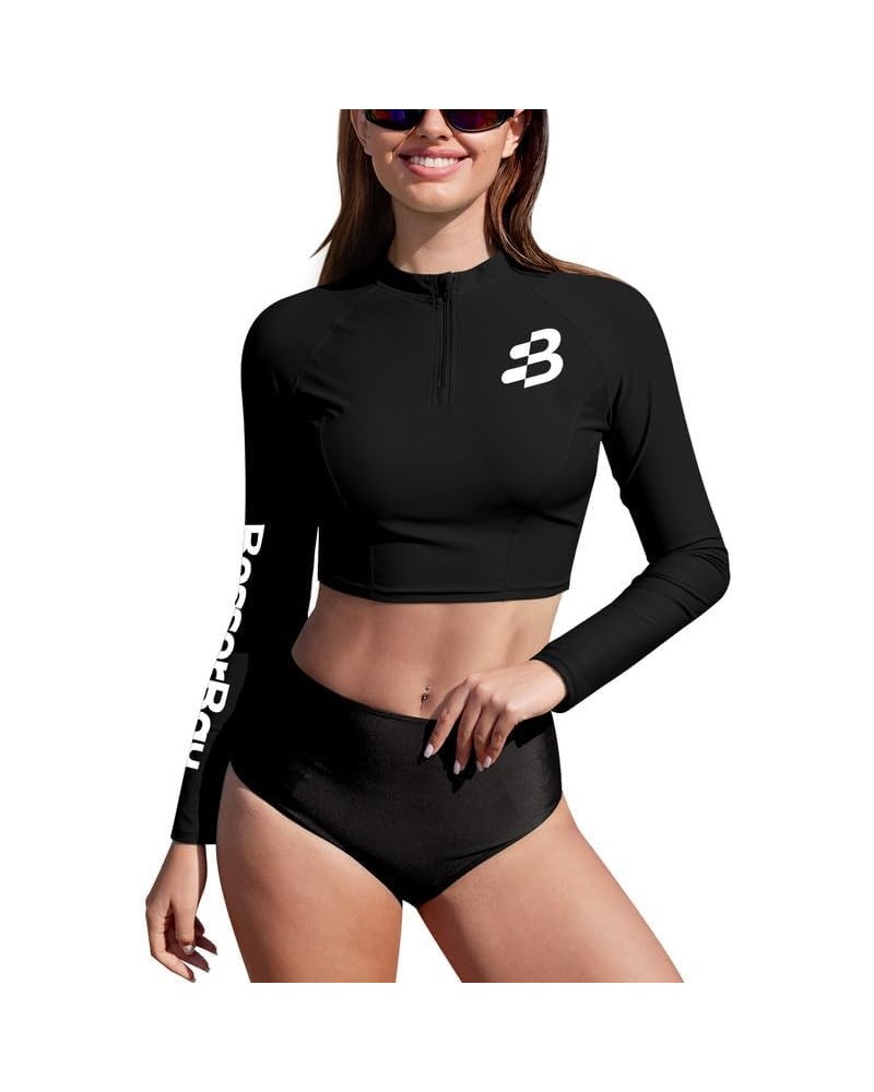 Women's UPF 50+ Long Sleeve Zip Front Rashguard Shirt Swim Crop Top Black $17.27 Swimsuits