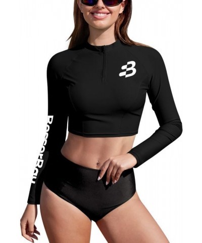 Women's UPF 50+ Long Sleeve Zip Front Rashguard Shirt Swim Crop Top Black $17.27 Swimsuits