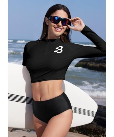 Women's UPF 50+ Long Sleeve Zip Front Rashguard Shirt Swim Crop Top Black $17.27 Swimsuits