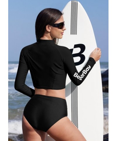 Women's UPF 50+ Long Sleeve Zip Front Rashguard Shirt Swim Crop Top Black $17.27 Swimsuits