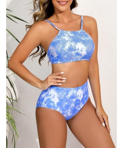 Women's Triangle Bikini Sets 2 Piece Swimsuits Halter Tie Up Bathing Suit Tie Dye Blue-1 $9.02 Swimsuits