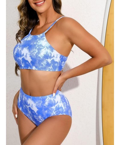 Women's Triangle Bikini Sets 2 Piece Swimsuits Halter Tie Up Bathing Suit Tie Dye Blue-1 $9.02 Swimsuits