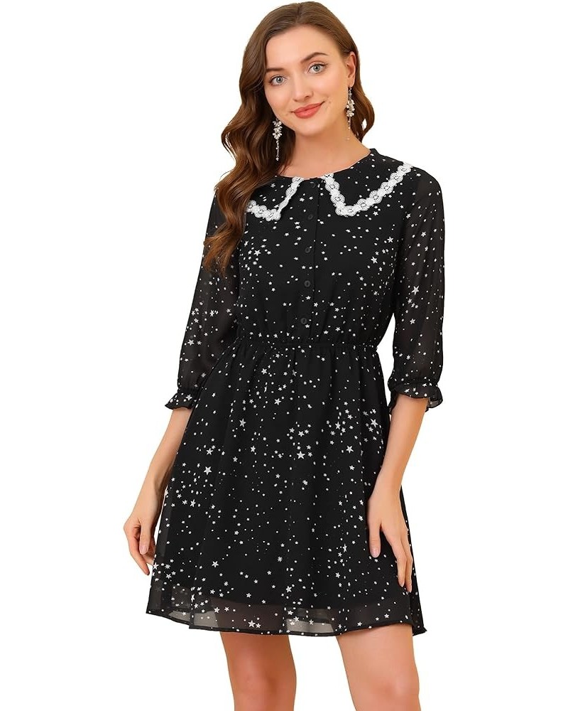 Women's Valentine's Day Date 2023 Peter Pan Collar Star Heart Printed 3/4 Sleeve Chiffon Dress Black $13.99 Dresses