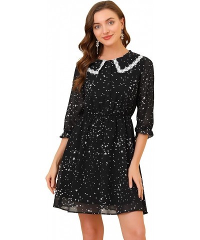 Women's Valentine's Day Date 2023 Peter Pan Collar Star Heart Printed 3/4 Sleeve Chiffon Dress Black $13.99 Dresses