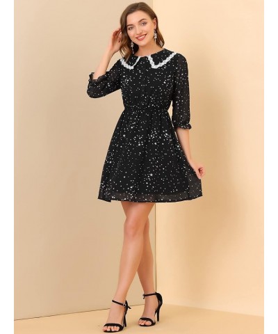 Women's Valentine's Day Date 2023 Peter Pan Collar Star Heart Printed 3/4 Sleeve Chiffon Dress Black $13.99 Dresses