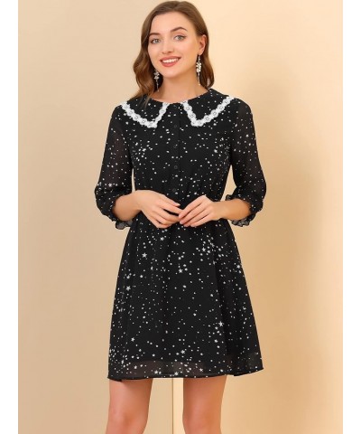 Women's Valentine's Day Date 2023 Peter Pan Collar Star Heart Printed 3/4 Sleeve Chiffon Dress Black $13.99 Dresses