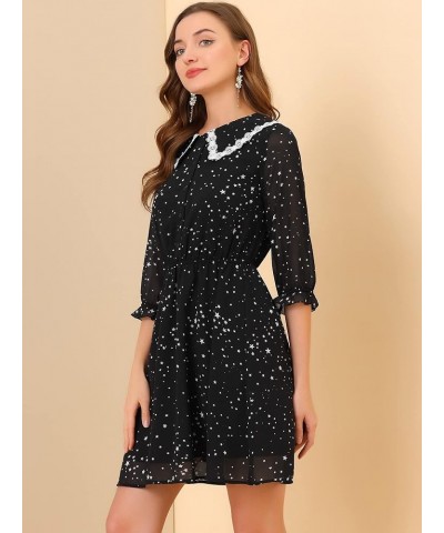 Women's Valentine's Day Date 2023 Peter Pan Collar Star Heart Printed 3/4 Sleeve Chiffon Dress Black $13.99 Dresses