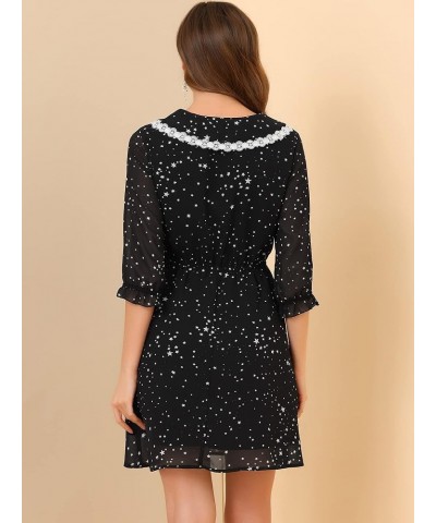 Women's Valentine's Day Date 2023 Peter Pan Collar Star Heart Printed 3/4 Sleeve Chiffon Dress Black $13.99 Dresses