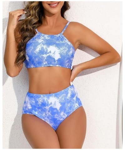 Women's Triangle Bikini Sets 2 Piece Swimsuits Halter Tie Up Bathing Suit Tie Dye Blue-1 $9.02 Swimsuits