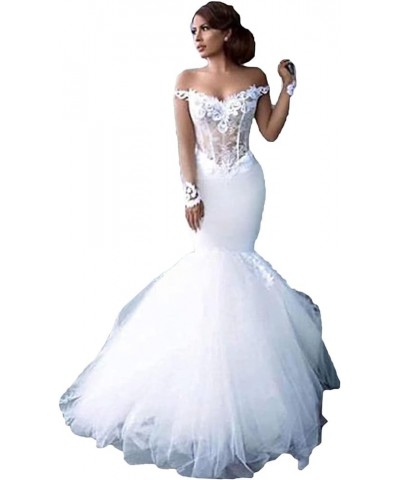 Off The Shoulder Wedding Dresses for Bride Long Sleeves Mermaid Tulle Wedding Dresses Bridal Gowns Ivory $80.85 Dresses