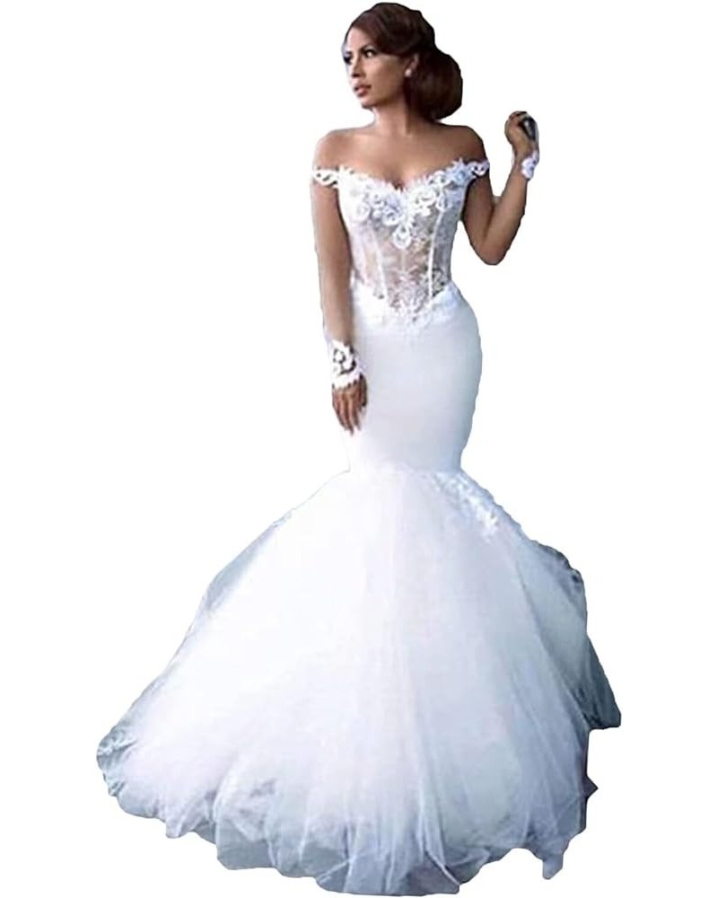 Off The Shoulder Wedding Dresses for Bride Long Sleeves Mermaid Tulle Wedding Dresses Bridal Gowns Ivory $80.85 Dresses