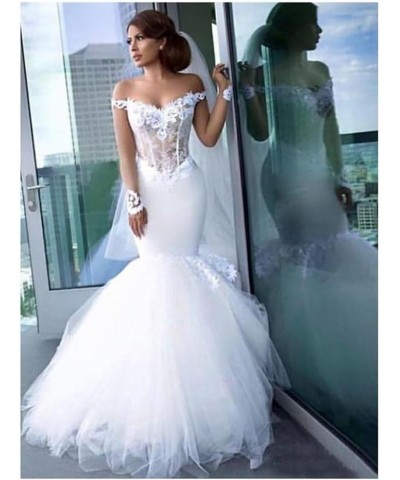 Off The Shoulder Wedding Dresses for Bride Long Sleeves Mermaid Tulle Wedding Dresses Bridal Gowns Ivory $80.85 Dresses