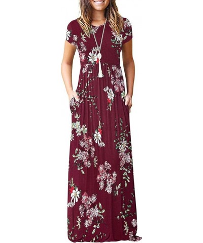 Women Short Sleeve Loose Plain Casual Long Maxi Dresses with Pockets 02-new Burgundy Flower $10.50 Dresses