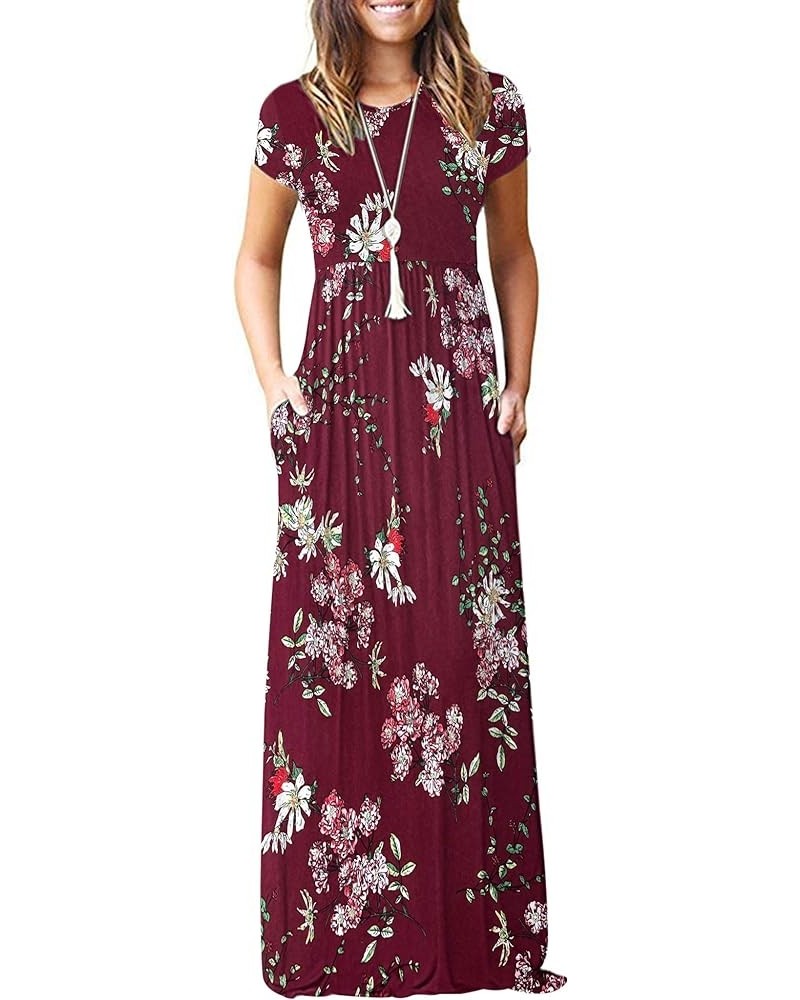 Women Short Sleeve Loose Plain Casual Long Maxi Dresses with Pockets 02-new Burgundy Flower $10.50 Dresses