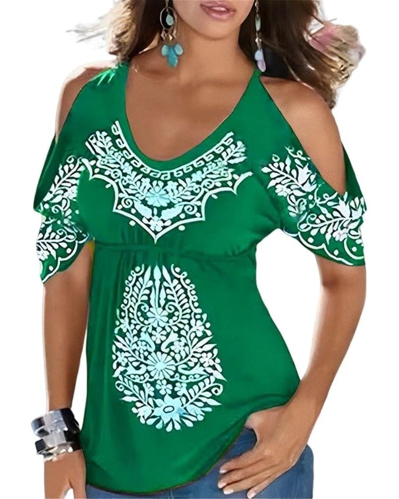 Women 2023 Mexican Print Cold Shoulder Shirts Short Sleeve V Neck Casual Dressy Loose Boho Tunic Tops Green $11.03 Tops