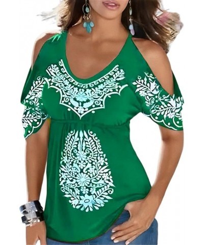 Women 2023 Mexican Print Cold Shoulder Shirts Short Sleeve V Neck Casual Dressy Loose Boho Tunic Tops Green $11.03 Tops