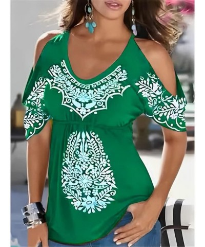 Women 2023 Mexican Print Cold Shoulder Shirts Short Sleeve V Neck Casual Dressy Loose Boho Tunic Tops Green $11.03 Tops