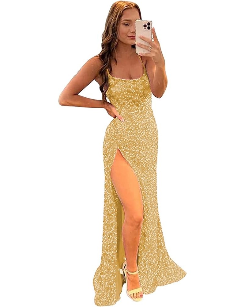 Sparkly Sequin Prom Dresses Spaghetti Straps High Slit Mermaid Formal Dress for Women Backless Evening Gowns Gold $34.19 Dresses