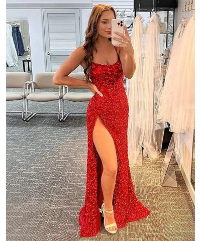 Sparkly Sequin Prom Dresses Spaghetti Straps High Slit Mermaid Formal Dress for Women Backless Evening Gowns Gold $34.19 Dresses