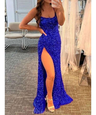 Sparkly Sequin Prom Dresses Spaghetti Straps High Slit Mermaid Formal Dress for Women Backless Evening Gowns Gold $34.19 Dresses