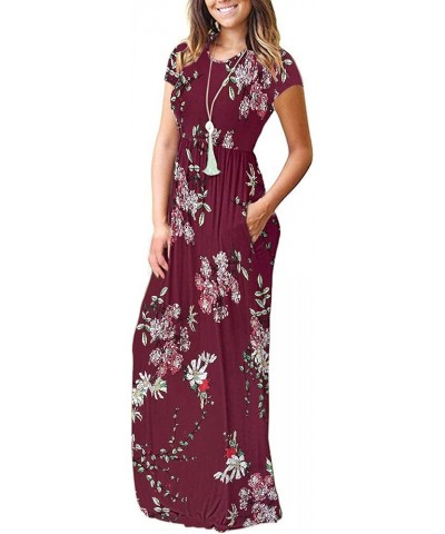 Women Short Sleeve Loose Plain Casual Long Maxi Dresses with Pockets 02-new Burgundy Flower $10.50 Dresses