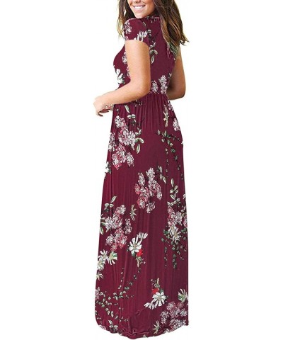 Women Short Sleeve Loose Plain Casual Long Maxi Dresses with Pockets 02-new Burgundy Flower $10.50 Dresses