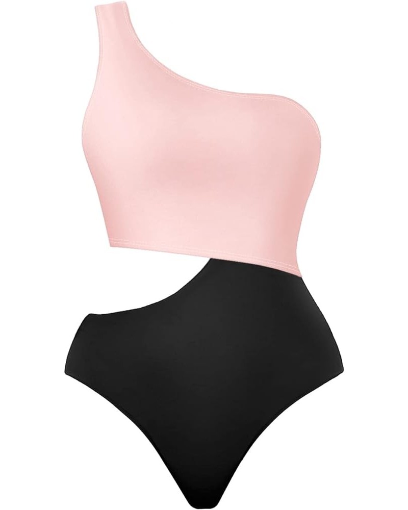 Women's One Piece Swimsuit One-Shoulder Swimwear Waist Cutout Swimsuit Pink Black $15.20 Swimsuits