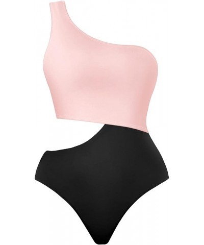 Women's One Piece Swimsuit One-Shoulder Swimwear Waist Cutout Swimsuit Pink Black $15.20 Swimsuits