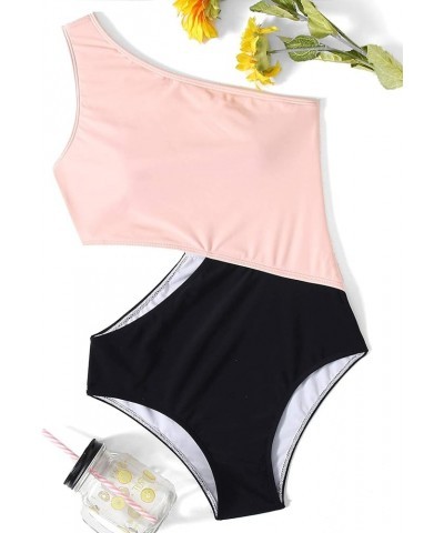 Women's One Piece Swimsuit One-Shoulder Swimwear Waist Cutout Swimsuit Pink Black $15.20 Swimsuits