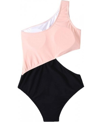 Women's One Piece Swimsuit One-Shoulder Swimwear Waist Cutout Swimsuit Pink Black $15.20 Swimsuits