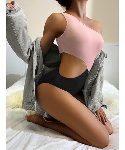 Women's One Piece Swimsuit One-Shoulder Swimwear Waist Cutout Swimsuit Pink Black $15.20 Swimsuits