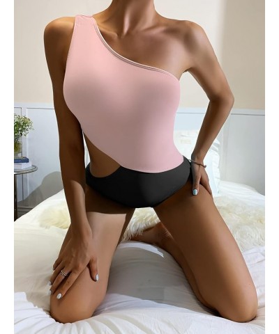 Women's One Piece Swimsuit One-Shoulder Swimwear Waist Cutout Swimsuit Pink Black $15.20 Swimsuits