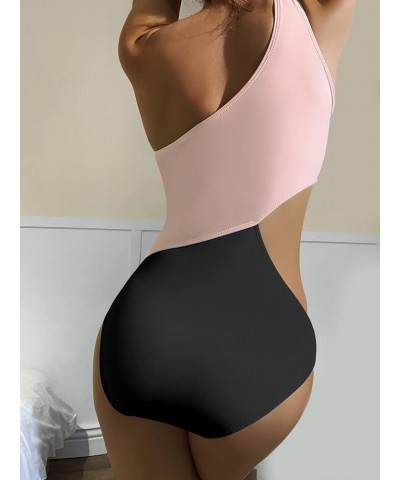 Women's One Piece Swimsuit One-Shoulder Swimwear Waist Cutout Swimsuit Pink Black $15.20 Swimsuits